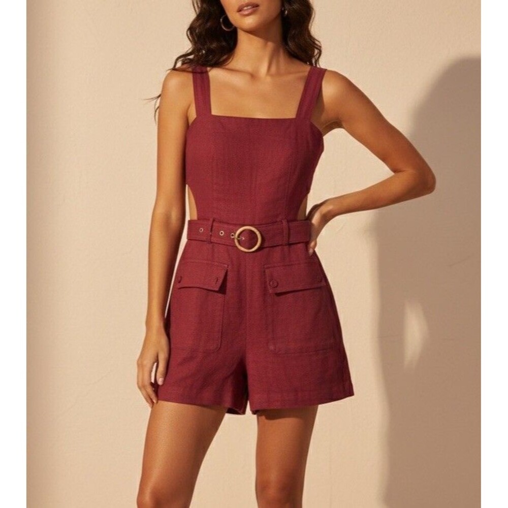 Belle Vere Womens Size 2 Romper Rusty Red Scarlet Linen Blend Belted